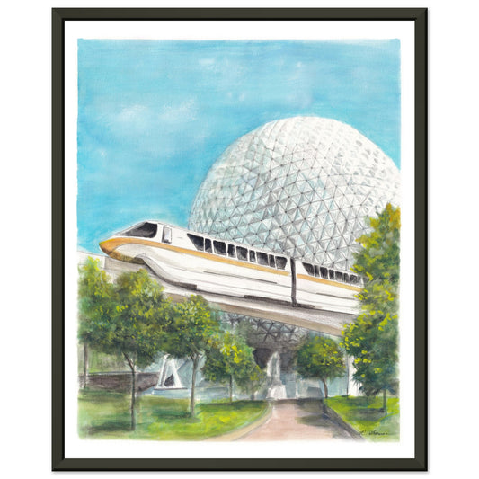 Spaceship Earth and Monorail Watercolor  - Black Metal Framed Print 16" x 20"